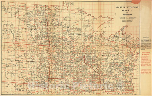 Historic Map : Martin Ulvestads Kart over Nordvesten og Hovedstroget Af "Norge I Amerika", 1901, Vintage Wall Art