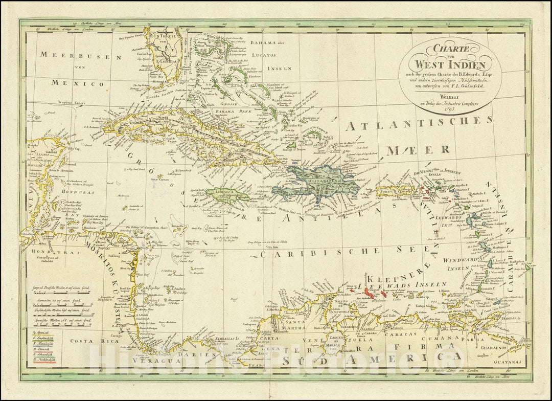 Historic Map : Charte von West Indien nach der grossen Charte des B. Edwards, Esqr. und andern zuverlassigne Hulfsmittelnneu entworfen von F.L. Gussefeld, 1795, 1795, Vintage Wall Art