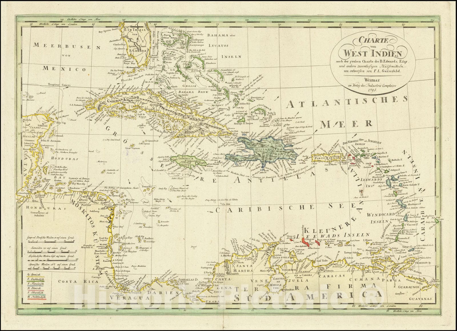 Historic Map : Charte von West Indien nach der grossen Charte des B. Edwards, Esqr. und andern zuverlassigne Hulfsmittelnneu entworfen von F.L. Gussefeld, 1795, 1795, Vintage Wall Art