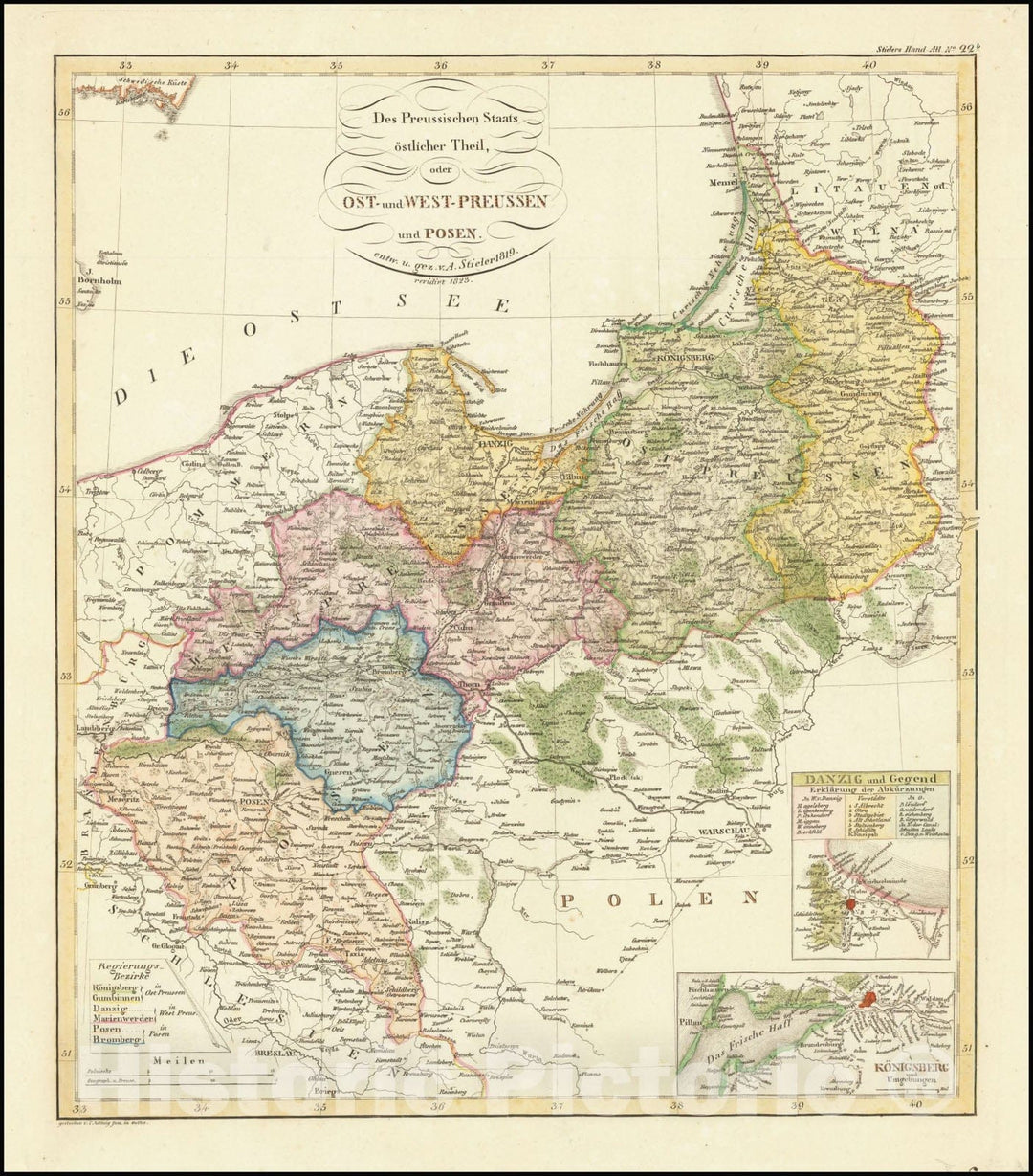 Historic Map : Des Preussichens Staats ostlicher Theil, oder Ost-und West-Preussen und Posen, .1823, 1823, Vintage Wall Art