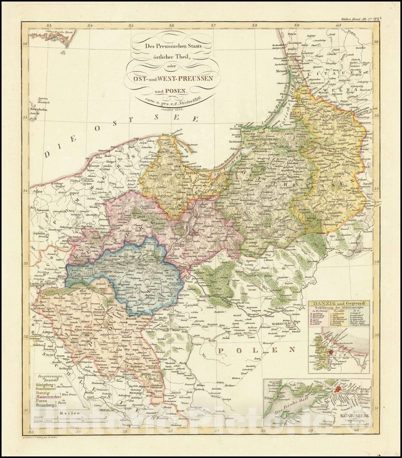 Historic Map : Des Preussichens Staats ostlicher Theil, oder Ost-und West-Preussen und Posen, .1823, 1823, Vintage Wall Art