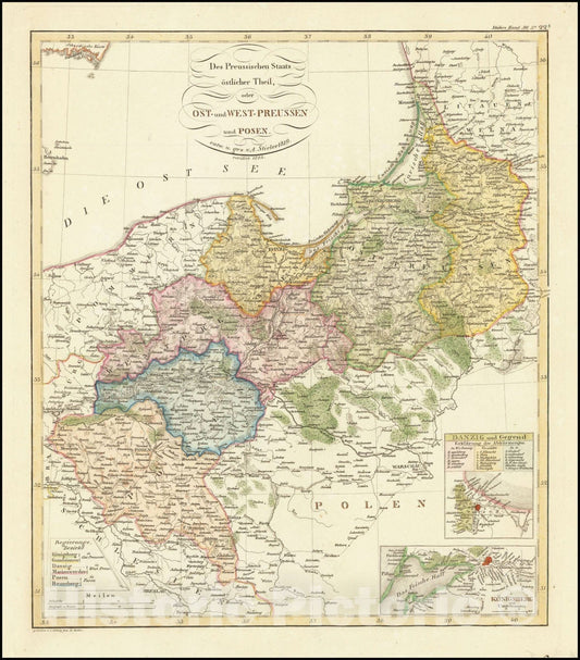 Historic Map : Des Preussichens Staats ostlicher Theil, oder Ost-und West-Preussen und Posen, .1823, 1823, Vintage Wall Art