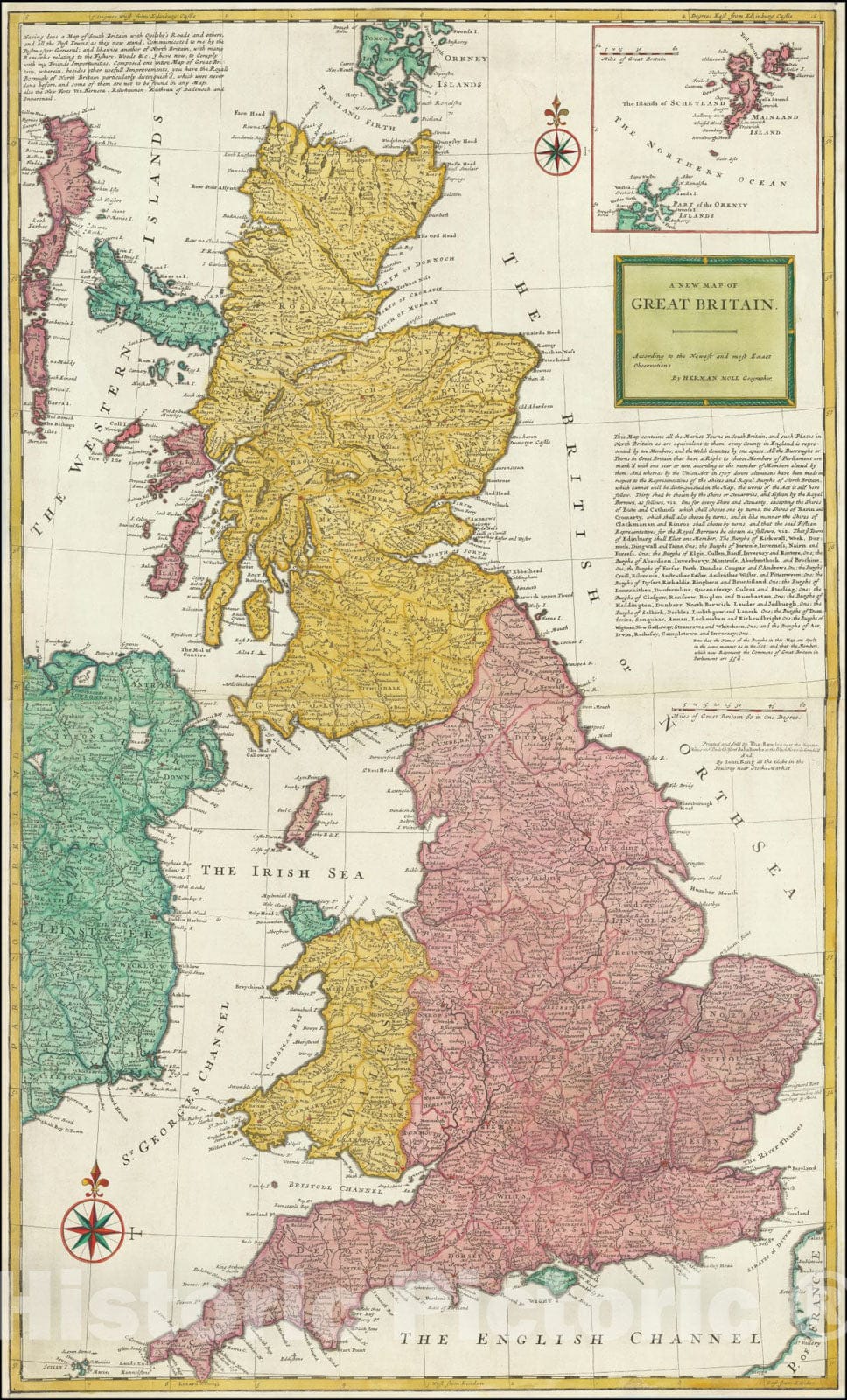 Historic Map : A New Great Britain -- According to the Newest and most Exact Observations, 1719, Vintage Wall Art