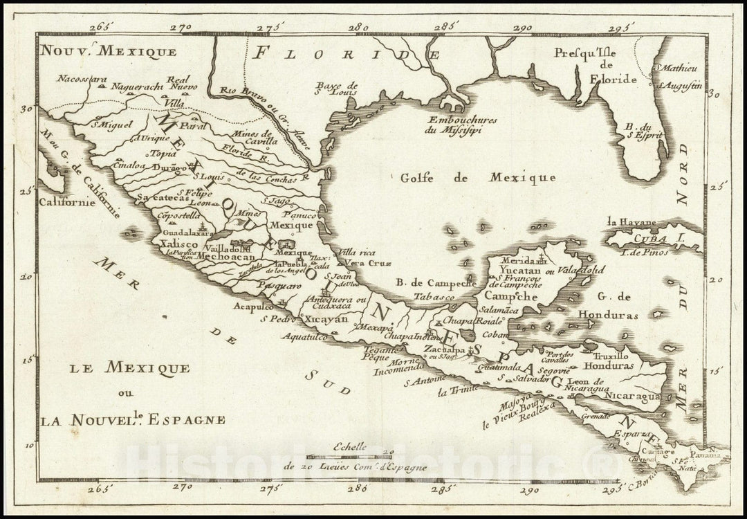 Historic Map : Le Mexique ou Nouvelle Espagne, 1700, Vintage Wall Art