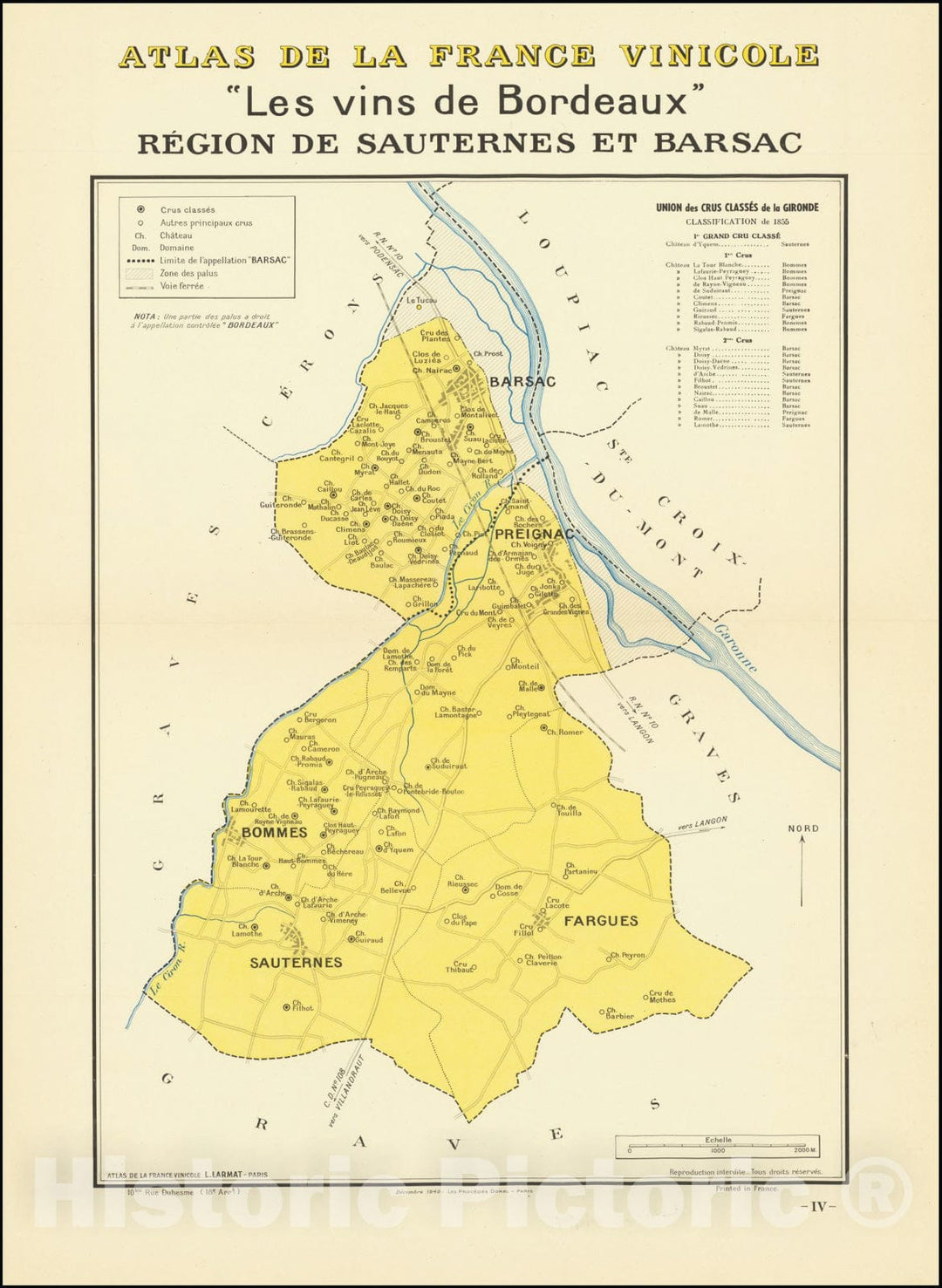 Historic Map : Les vins de Bordeaux Region de Sauternes et Barsac, 1940, Vintage Wall Art