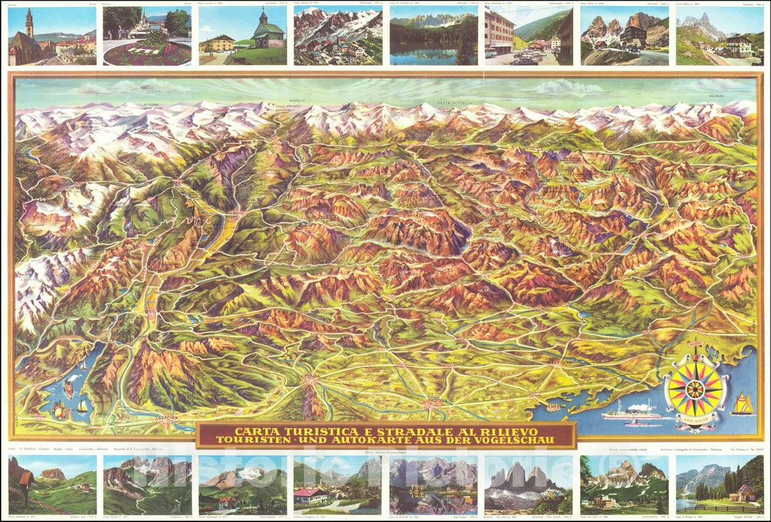 Historic Map : Carta Turistica e Stradale Al Rilievo Touristen - und Autokarte aus der Vogelschau, 1950 v2, Vintage Wall Art
