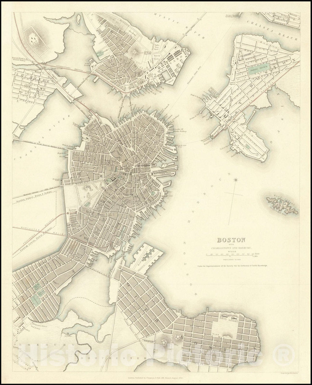 Historic Map : Boston with Charlestown and Roxbury., 1843, Vintage Wall Art