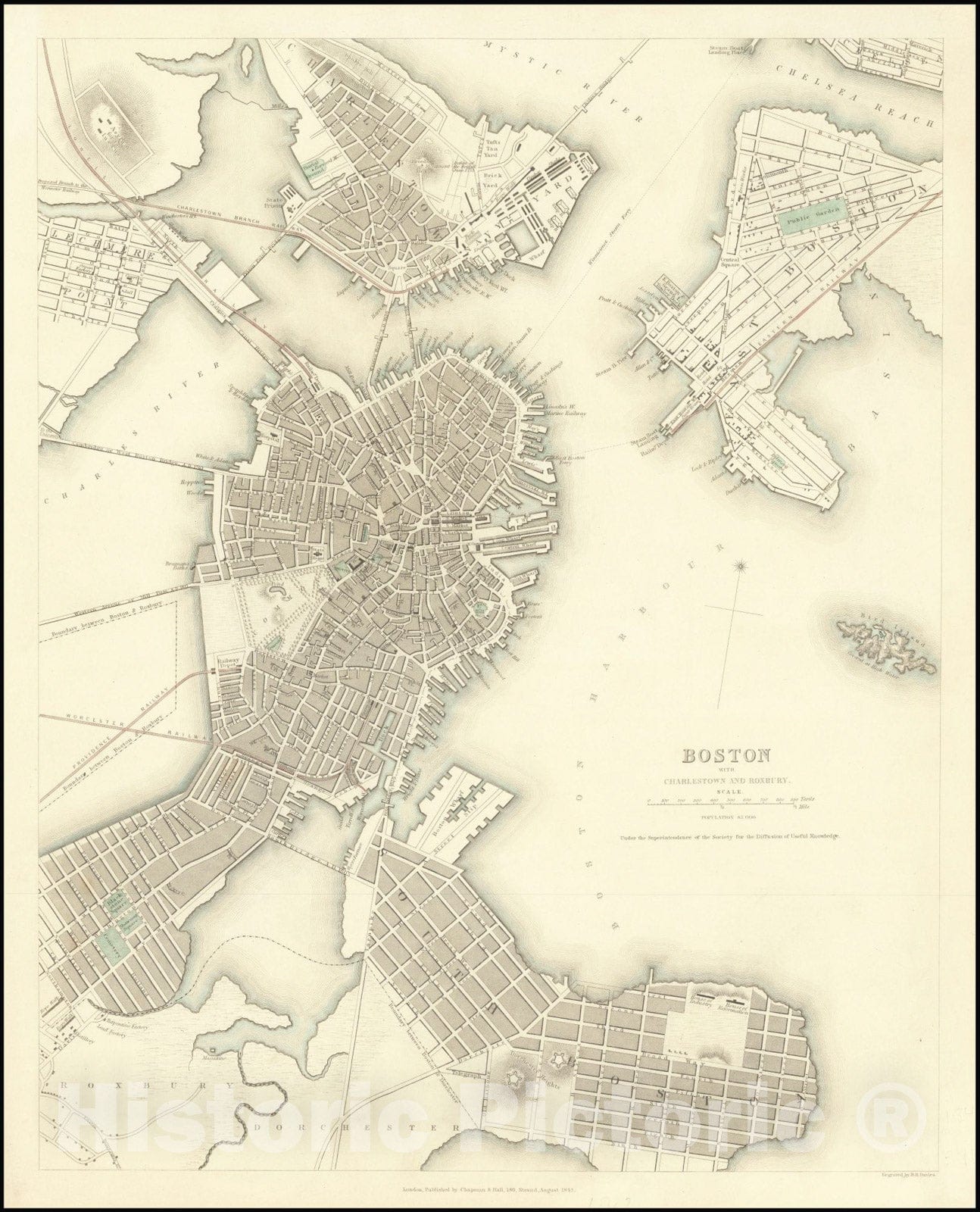 Historic Map : Boston with Charlestown and Roxbury., 1843, Vintage Wall Art