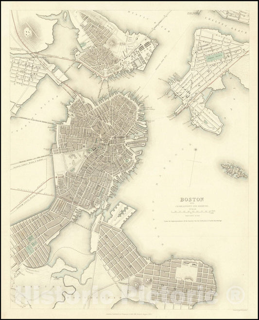 Historic Map : Boston with Charlestown and Roxbury., 1843, Vintage Wall Art