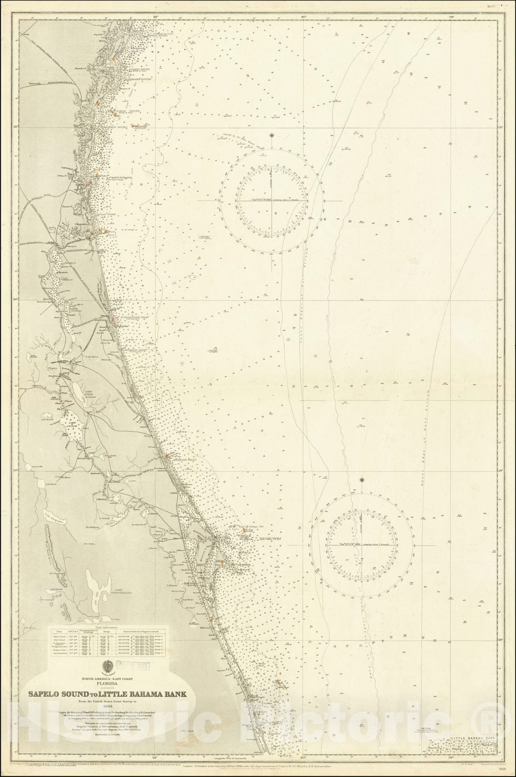Historic Map : St. Augustine and Cape Canaveral,Sapelo Sound to Little Bahama Bank,1884 (1920), Vintage Wall Art