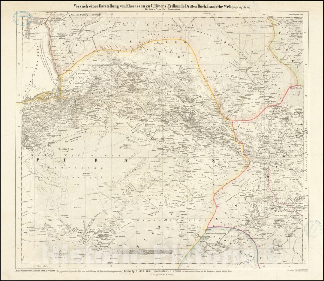Historic Map : Versuch einer Darstellung von Khorassan zu C. Ritter's Erdkunde Drittes Buch Iranische Welt, 1842, Vintage Wall Art