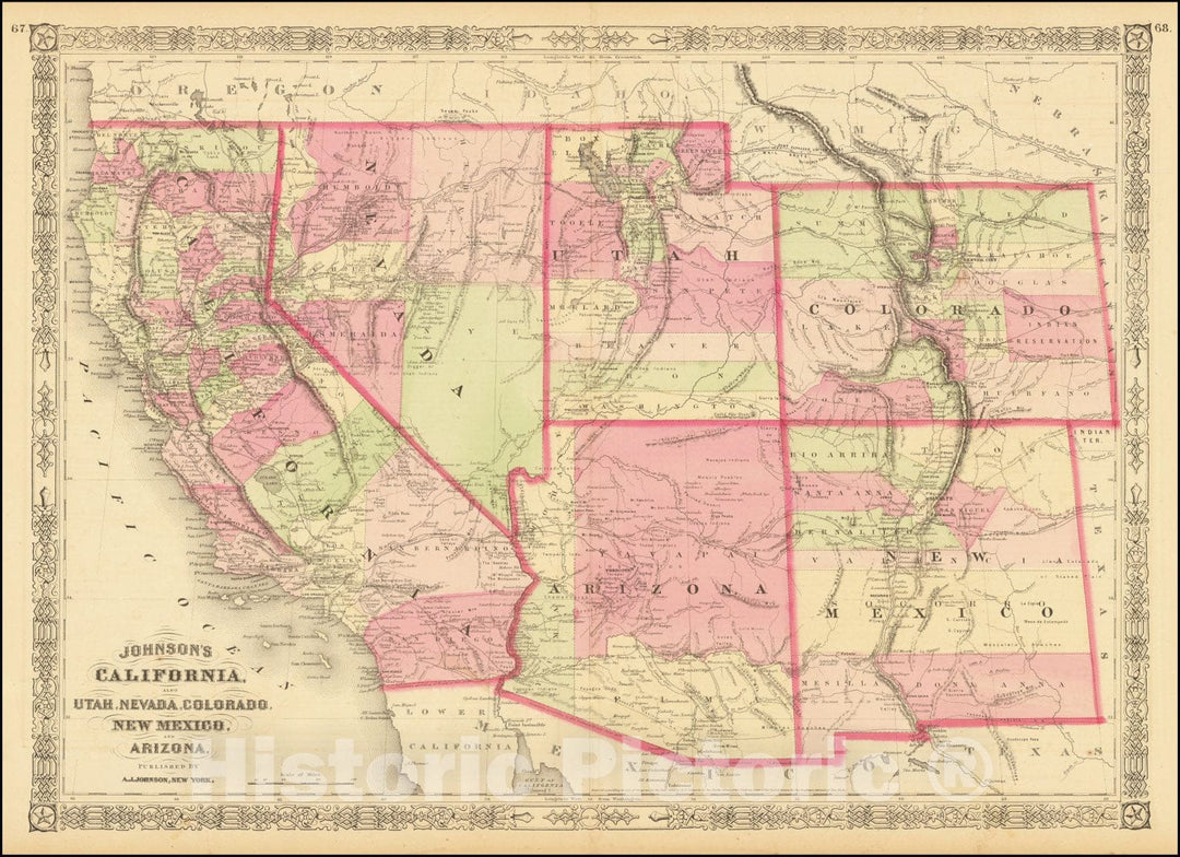 Historic Map : Johnson's California, with Utah, Nevada, Colorado, New Mexico and Arizona, 1867, Vintage Wall Art