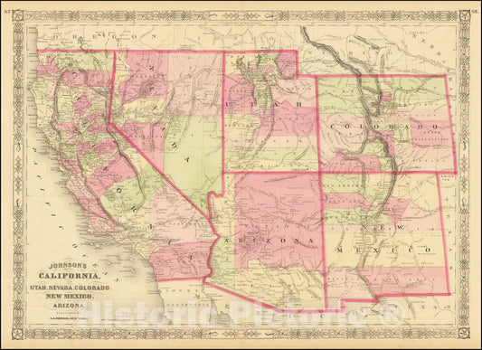 Historic Map : Johnson's California, with Utah, Nevada, Colorado, New Mexico and Arizona, 1867, Vintage Wall Art