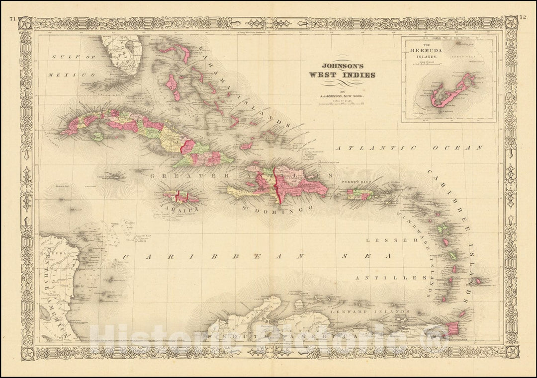 Historic Map : Johnson's West Indies, 1870, Vintage Wall Art