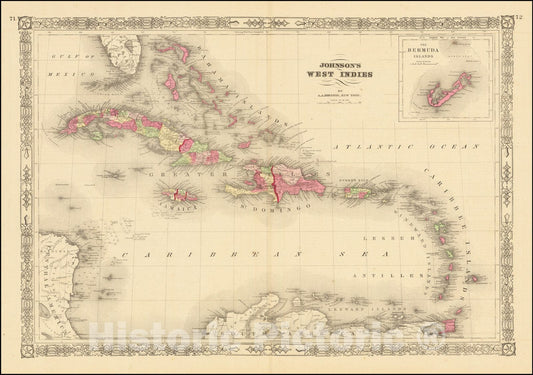Historic Map : Johnson's West Indies, 1870, Vintage Wall Art