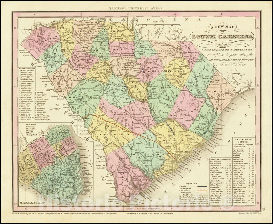Historic Map : A New South Carolina with its Canals, Roads & Distances from place to place along the Stage & Steam Boat Routes.By H.S. Tanner., 1836, Vintage Wall Art