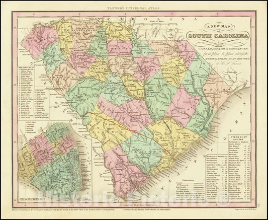 Historic Map : A New South Carolina with its Canals, Roads & Distances from place to place along the Stage & Steam Boat Routes.By H.S. Tanner., 1836, Vintage Wall Art