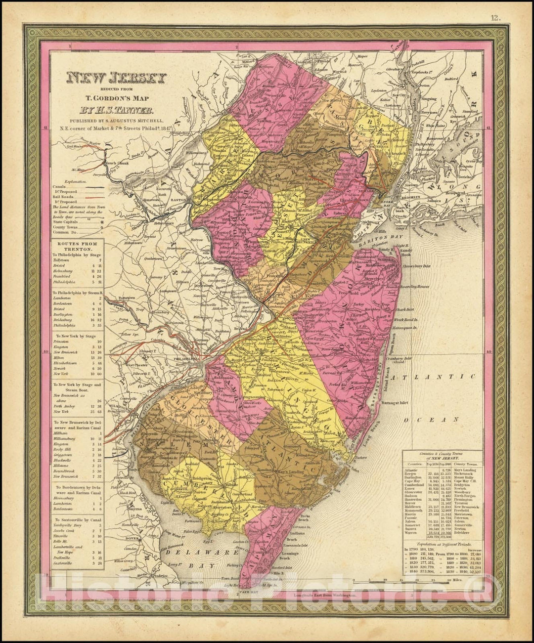 Historic Map : New Jersey Reduced From T. Gordon's Map. By H.S. Tanner., 1847, 1847, Vintage Wall Art