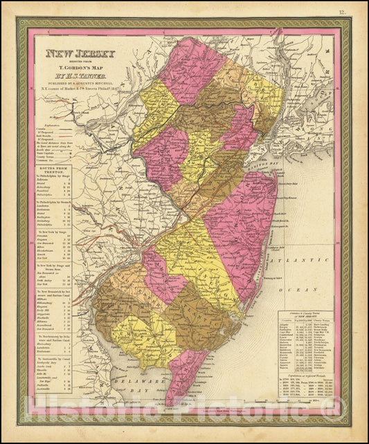 Historic Map : New Jersey Reduced From T. Gordon's Map. By H.S. Tanner., 1847, 1847, Vintage Wall Art