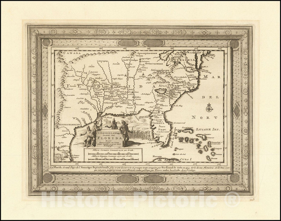 Historic Map : T Amerikaans Gewest van Florida Door Ferdinand De Soto,  with letter of Authentication from Walter Ristow, Chief of the Geography & Map Division of the Library of Congress, 1714, Vintage Wall Art