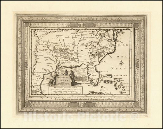 Historic Map : T Amerikaans Gewest van Florida Door Ferdinand De Soto,  with letter of Authentication from Walter Ristow, Chief of the Geography & Map Division of the Library of Congress, 1714, Vintage Wall Art