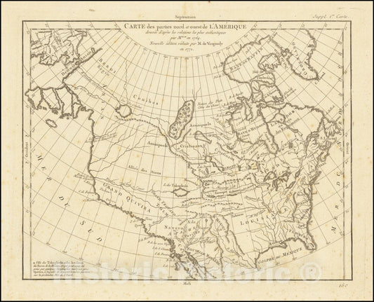 Historic Map : Carte des parties nord et ouest de L'Amerique dressee de apres les relations les plus authentiques, 1764.Nouvelle edition , en 1772, 1772, Vintage Wall Art