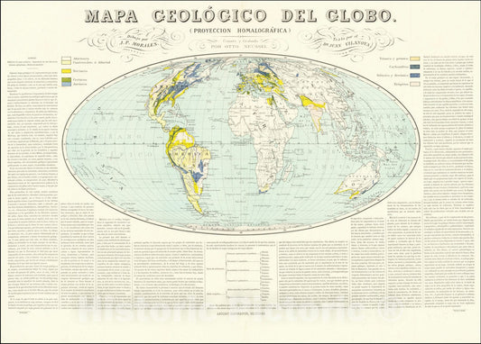 Historic Map : Mapa Geologico Del Globo , Proyeccion Homalografica, 1880, Vintage Wall Art