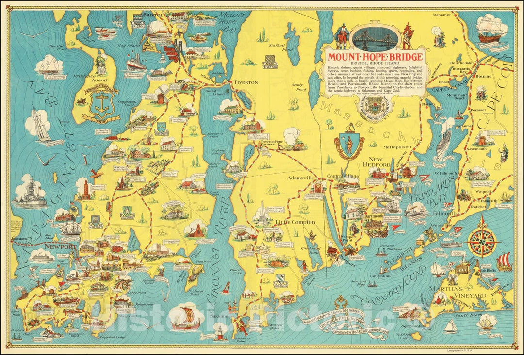 Historic Map : Mount Hope Bridge Bristol Rhode Island, 1933 v2, Vintage Wall Art