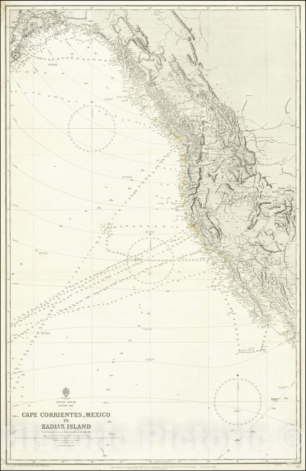Historic Map : Cape Corrientes, Mexico to Kadiak Island Compiled from the most recent Surveys in the Hydrographic Office, 1876, 1877 (1908), Vintage Wall Art