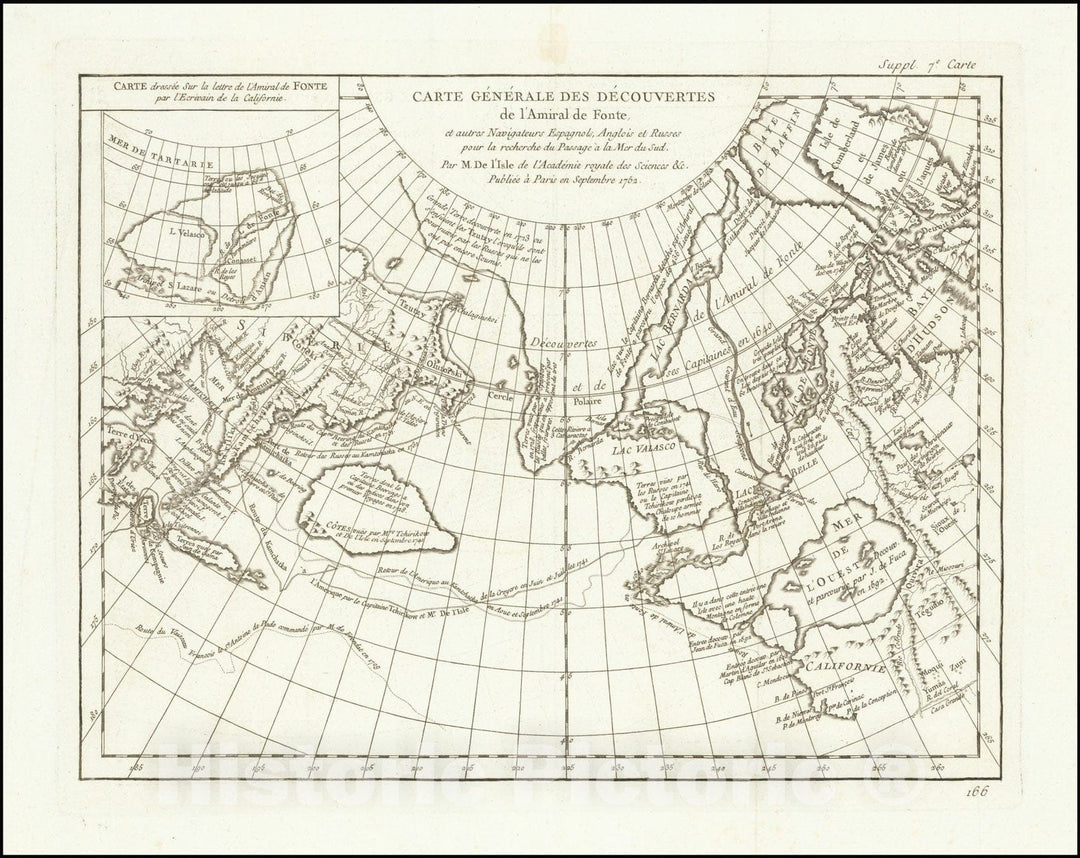 Historic Map : Carte Generale Des Decouvertes De L'Amiral De Fonte et autres Navigateurs Espagnols Anglois et Russes pour le recherche du Passage a la Mer du Sud par M. De l'Isle, 1752, 1772 v1, Vintage Wall Art