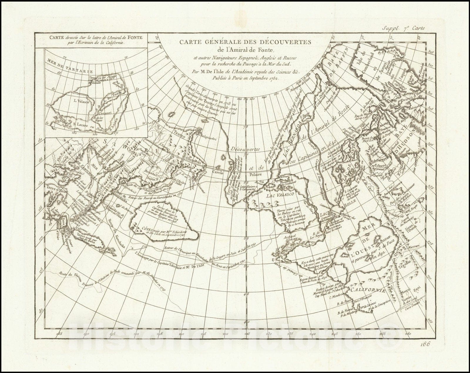 Historic Map : Carte Generale Des Decouvertes De L'Amiral De Fonte et autres Navigateurs Espagnols Anglois et Russes pour le recherche du Passage a la Mer du Sud par M. De l'Isle, 1752, 1772 v1, Vintage Wall Art
