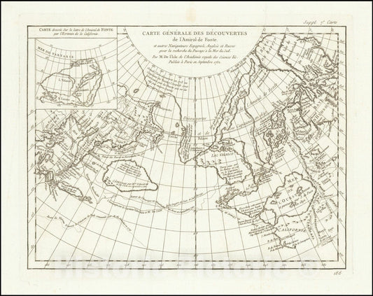 Historic Map : Carte Generale Des Decouvertes De L'Amiral De Fonte et autres Navigateurs Espagnols Anglois et Russes pour le recherche du Passage a la Mer du Sud par M. De l'Isle, 1752, 1772 v1, Vintage Wall Art