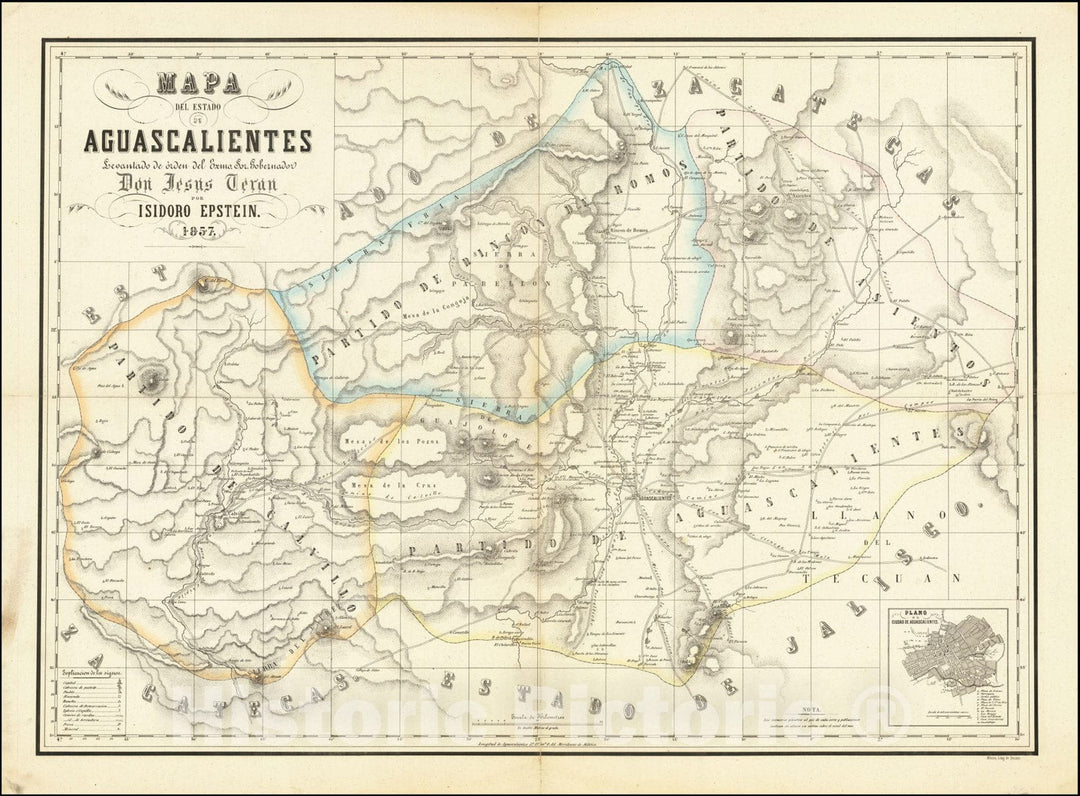Historic Map : Mapa Del Estado De Aguascalientes Levantado de orden del Exmo. Sor. Gobernador Don Jesus Teran por Isadoro Epstein 1857, 1857, Vintage Wall Art