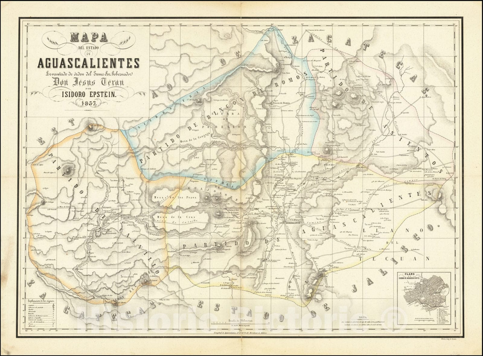 Historic Map : Mapa Del Estado De Aguascalientes Levantado de orden del Exmo. Sor. Gobernador Don Jesus Teran por Isadoro Epstein 1857, 1857, Vintage Wall Art