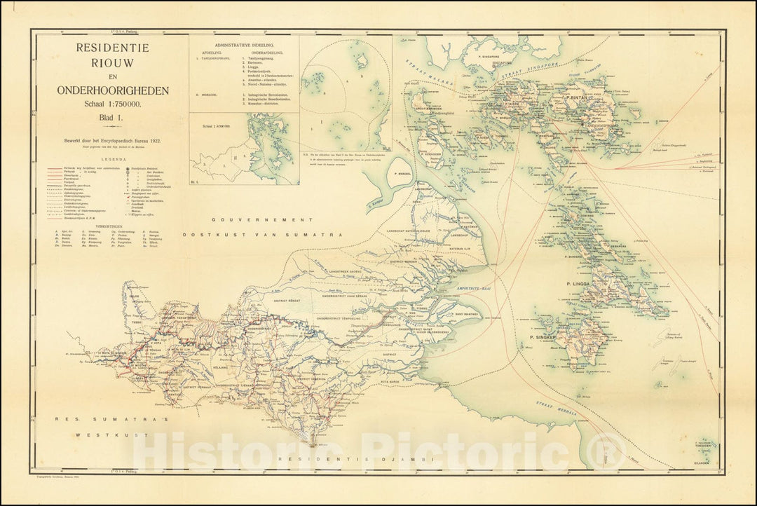 Historic Map : Residentie Riouw en Onderhoorigheden, Bewerkt door het Encylopaedisch Bureau 1922, 1924, Vintage Wall Art