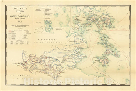 Historic Map : Residentie Riouw en Onderhoorigheden, Bewerkt door het Encylopaedisch Bureau 1922, 1924, Vintage Wall Art