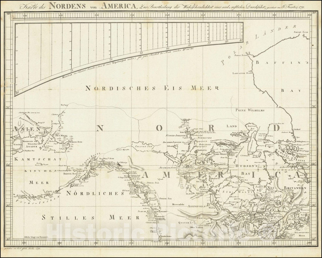 Historic Map : Karte des Nordens von America, Zur Beurtheilung der Wahrscheinlichkeit einer nord westlichen Durchfhart, gezeichnet von G. Forster, 1791. , 1791, Vintage Wall Art