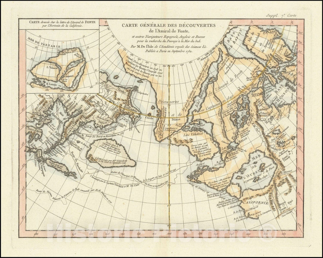 Historic Map : Carte Generale Des Decouvertes De L'Amiral De Fonte et autres Navigateurs Espagnols Anglois et Russes pour le recherche du Passage a la Mer du Sud par M. De l'Isle, 1752, 1772 v2, Vintage Wall Art