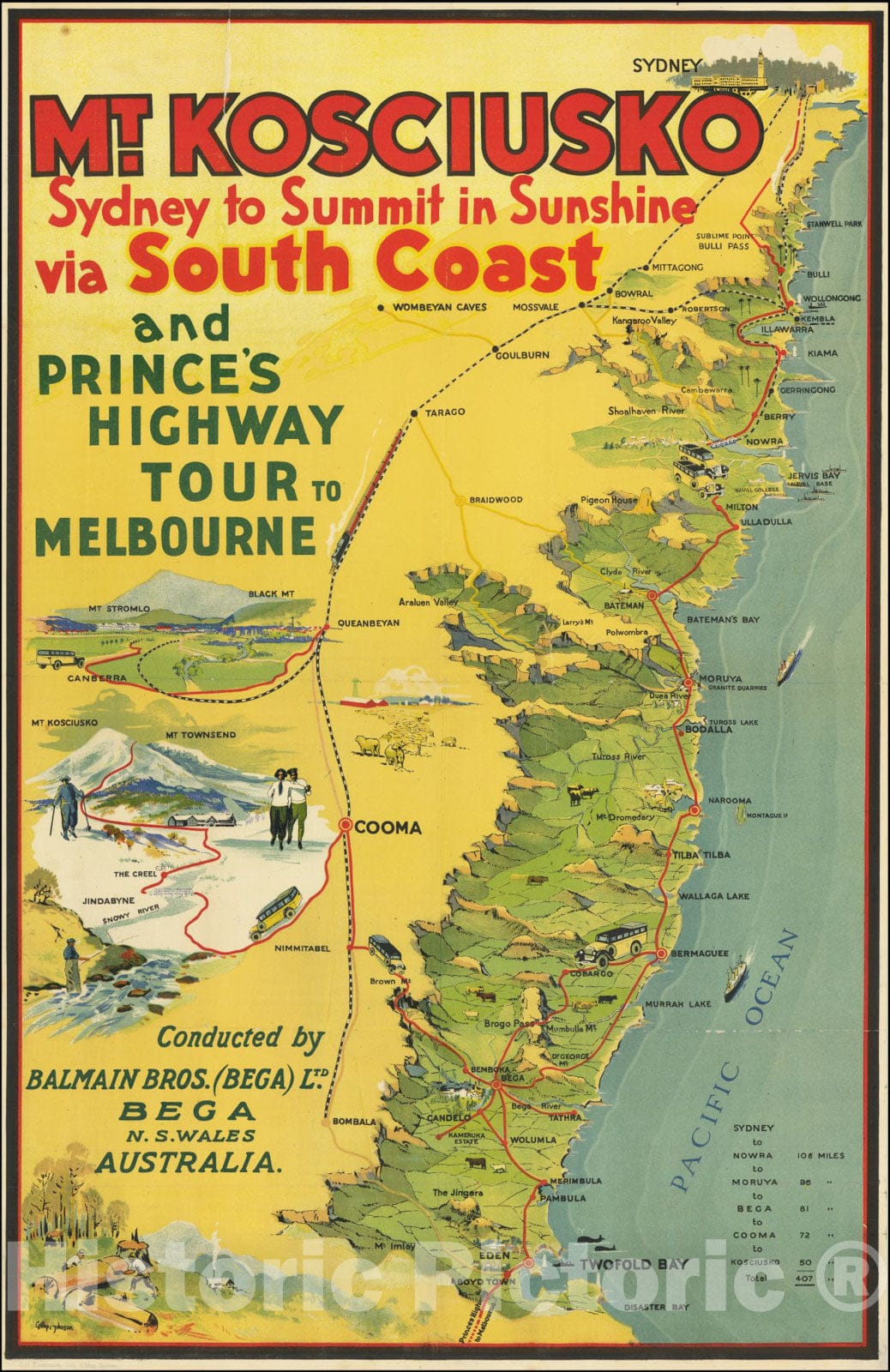 Historic Map : Mt. KoscuiskoSydney to Summit in Sunshine via South Coast and Prince's Highway Tour to Melbourne, 1927, Vintage Wall Art