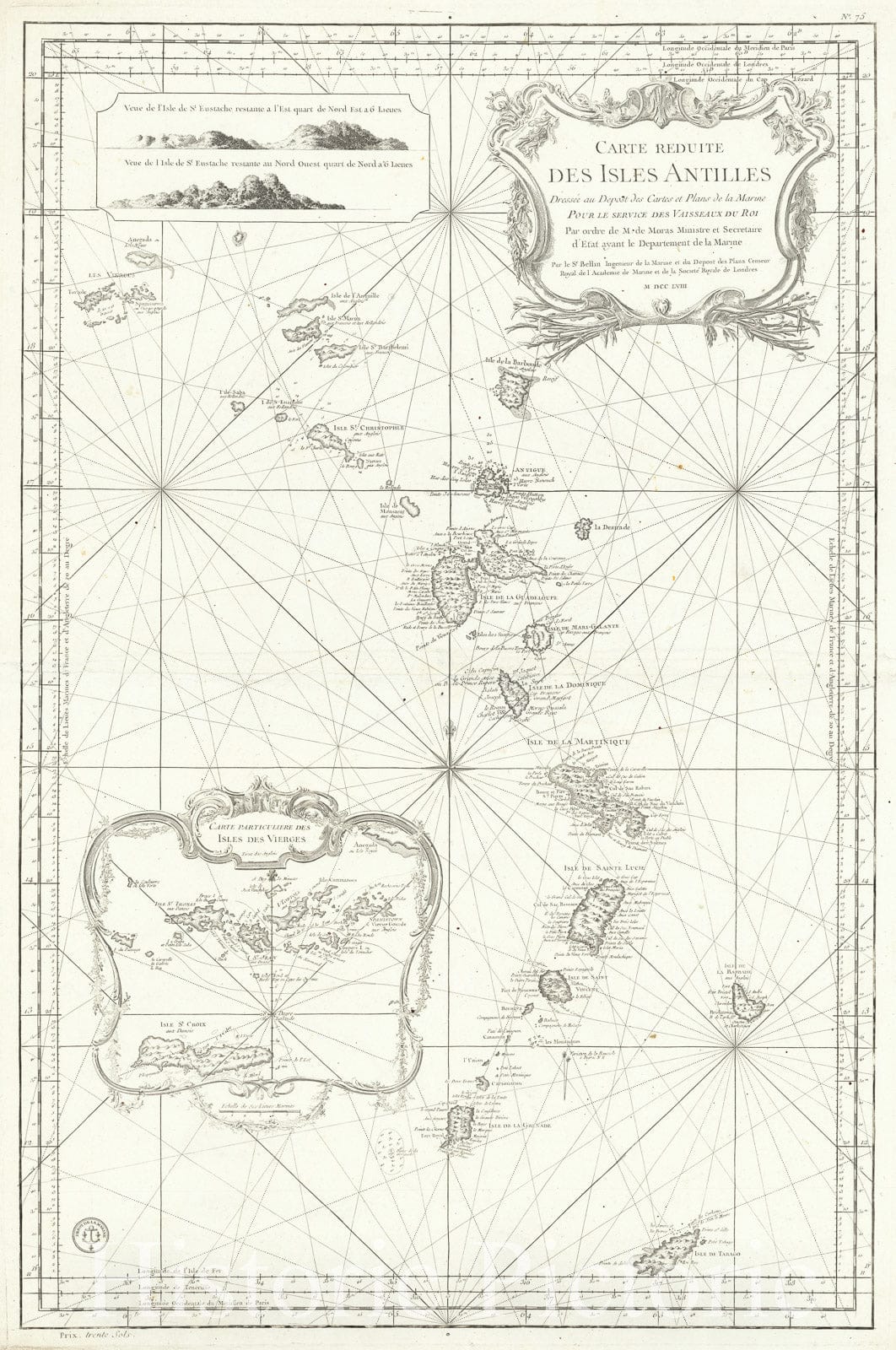 Historic Map : Carte Reduite des Isles Antilles Dressee au Depost des Cartes et Plans de la Marine,  1758, Vintage Wall Art