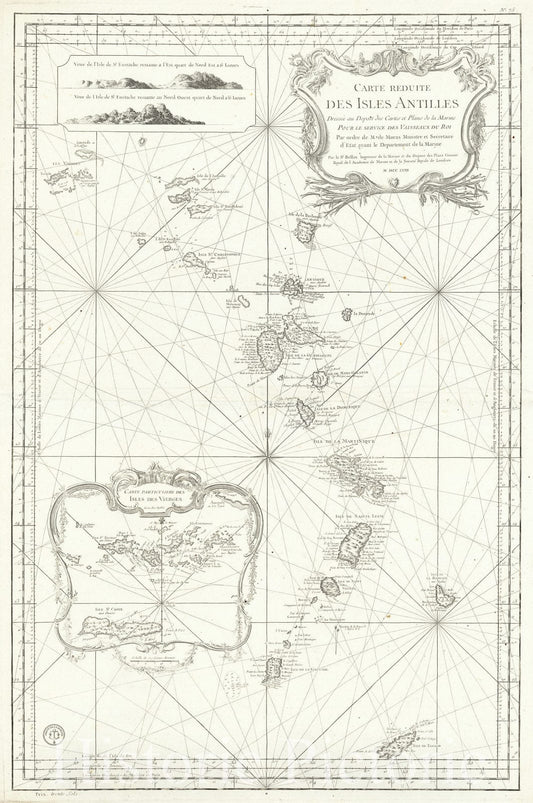 Historic Map : Carte Reduite des Isles Antilles Dressee au Depost des Cartes et Plans de la Marine,  1758, Vintage Wall Art