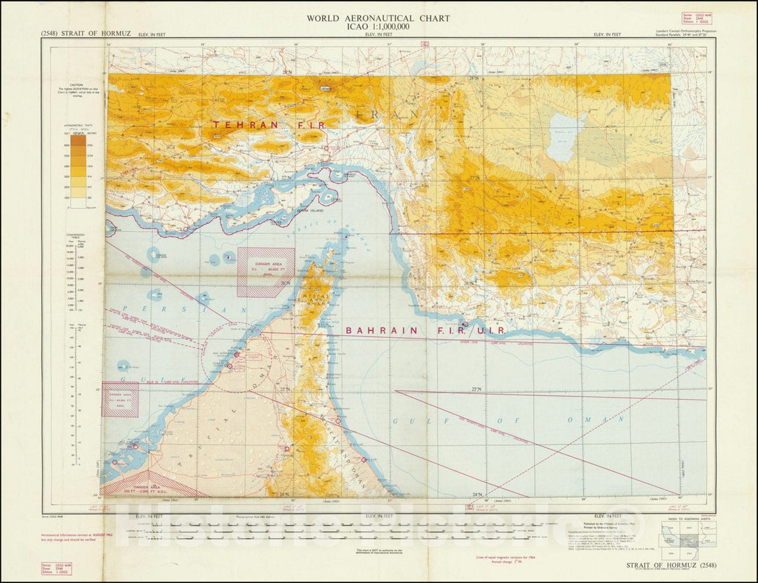 Historic Map : World Aeronautical Chart, Strait of Hormuz, 1962, Vintage Wall Art