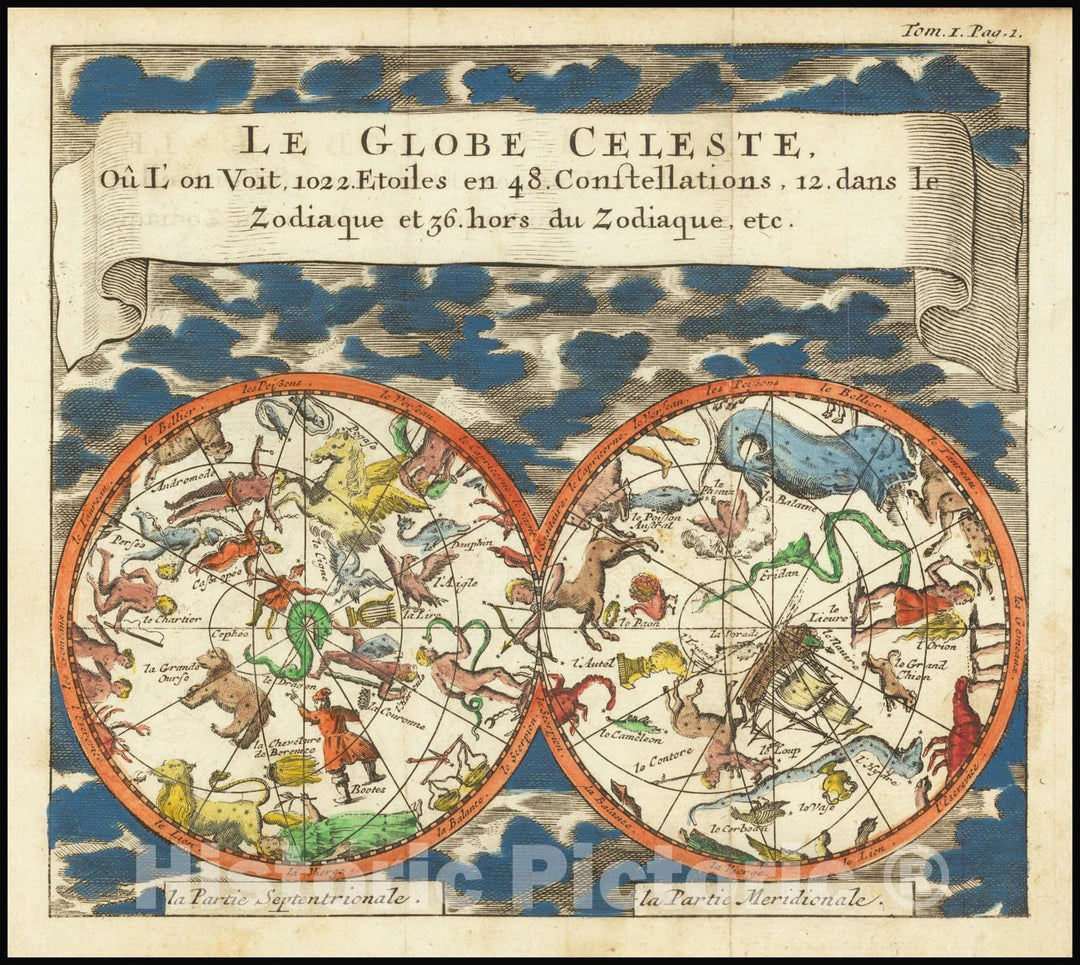 Historic Map : Le globe celeste ou l' on voit, 1022, etoiles en 48 constellations, 12 dans le zodiaque et 36 hors du zodiaque, etc., 1695, Vintage Wall Art