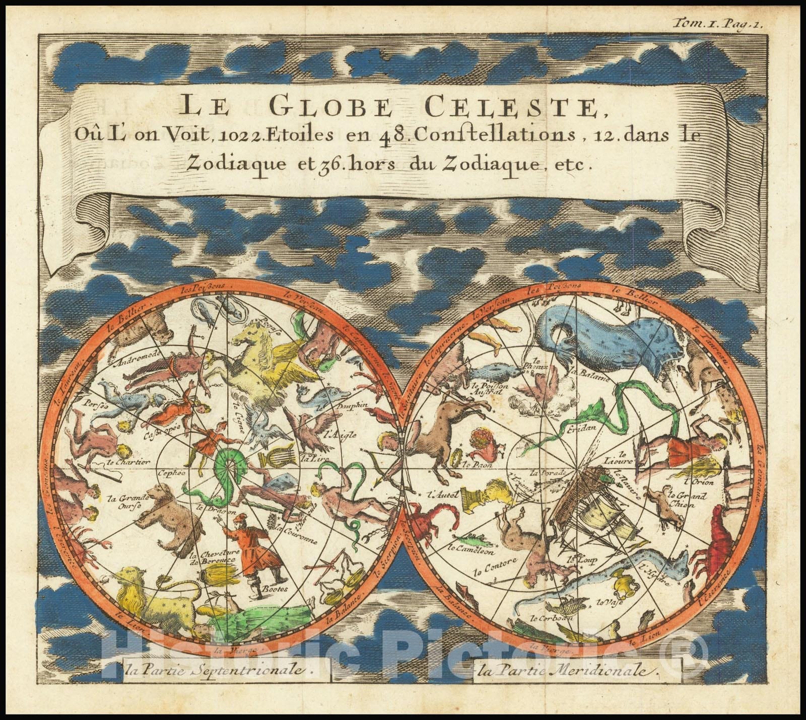 Historic Map : Le globe celeste ou l' on voit, 1022, etoiles en 48 constellations, 12 dans le zodiaque et 36 hors du zodiaque, etc., 1695, Vintage Wall Art