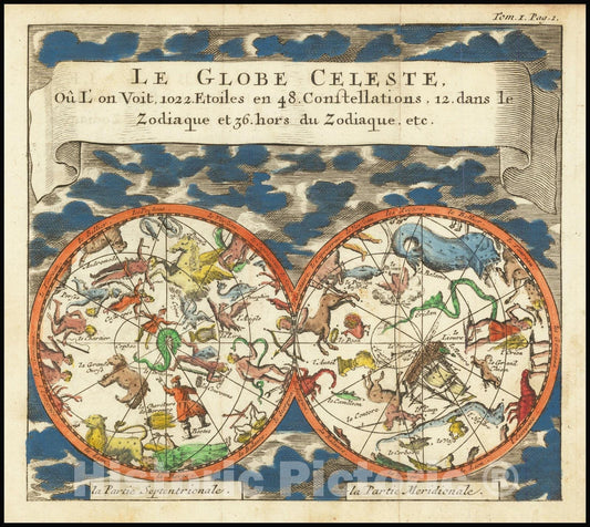 Historic Map : Le globe celeste ou l' on voit, 1022, etoiles en 48 constellations, 12 dans le zodiaque et 36 hors du zodiaque, etc., 1695, Vintage Wall Art