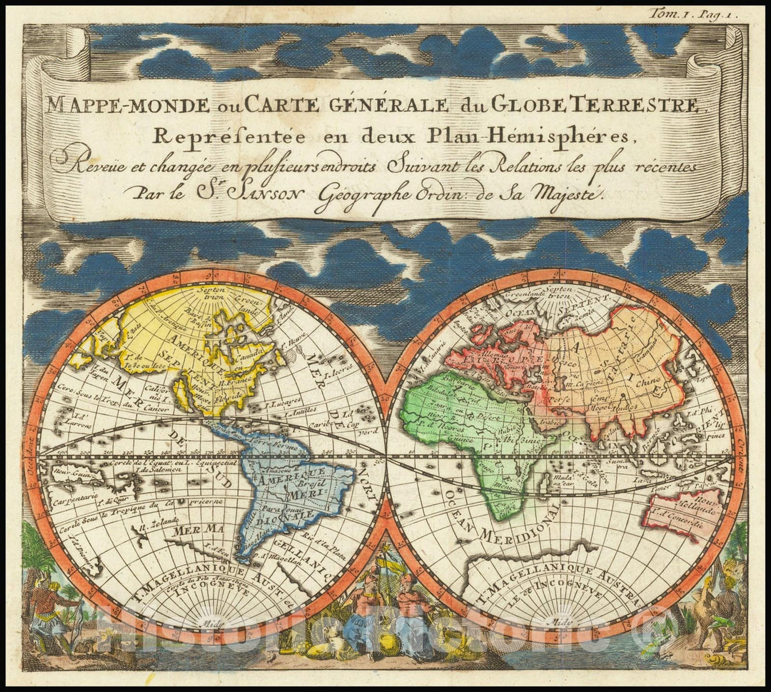 Historic Map : Mappe-Monde, ou Carte Generale Du Globe Terrestre Representee en deux Plan-Hemispheres Reveue et changee endroits Suivant les Relations les plus recentes ,  1695, Vintage Wall Art