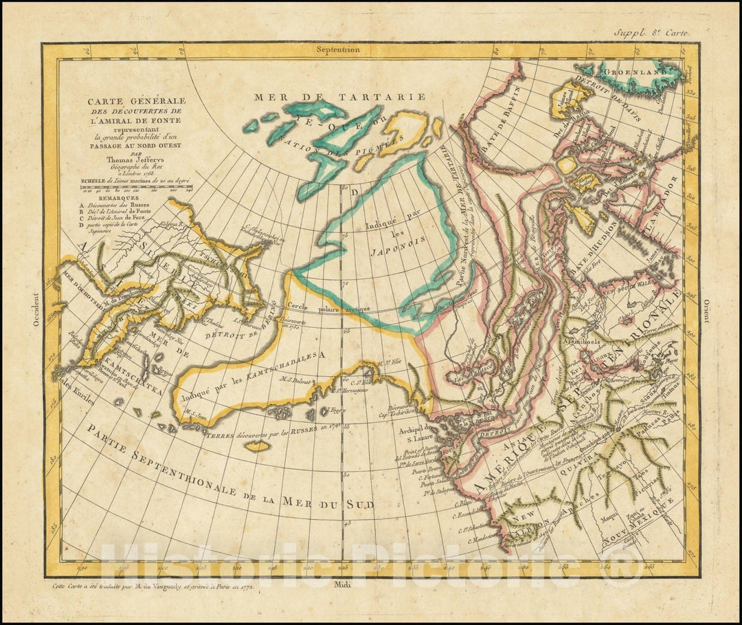Historic Map : Carte Generale Des Decouvertes De L'Amiral De Fonte representant la grande probabilite d'un Passage au Nord Ouestg par Thomas Jefferys, 1768, 1772, Vintage Wall Art