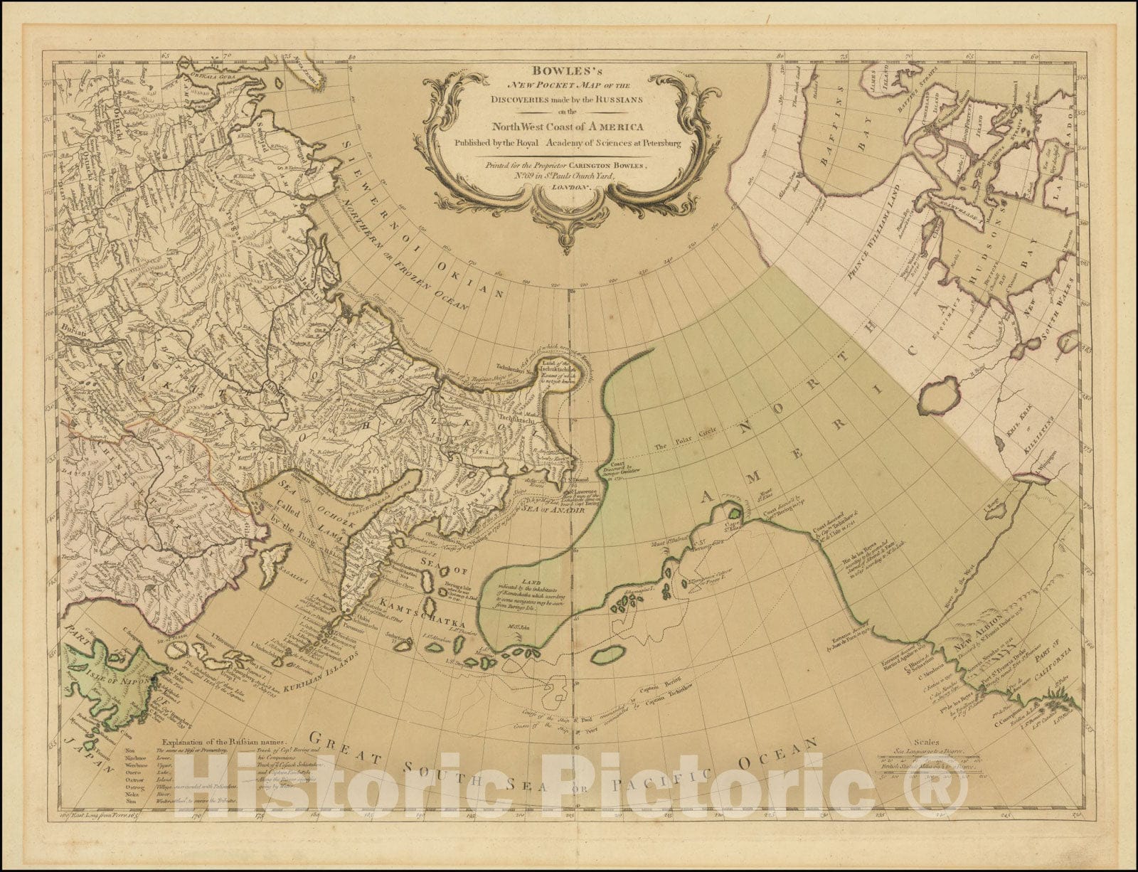 Historic Map : Bowles's New Pocket Discoveries made by the Russians on the North West Coast of America Published by the Royal Academy of Sciences at Petersburg, 1780, Vintage Wall Art