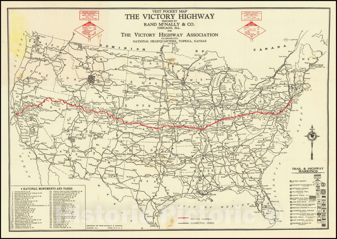 Historic Map : Vest Pocket Victory Highway The Nation's Memorial Road From New York through Topeka to San Francisco , 1924, 1924, Vintage Wall Art