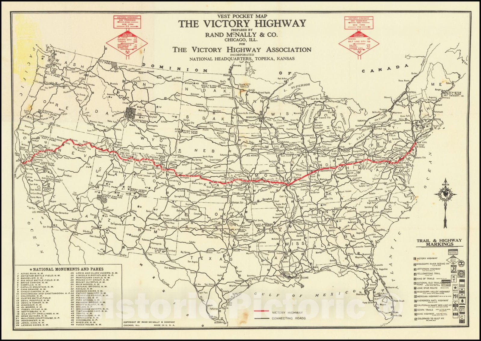 Historic Map : Vest Pocket Victory Highway The Nation's Memorial Road From New York through Topeka to San Francisco , 1924, 1924, Vintage Wall Art